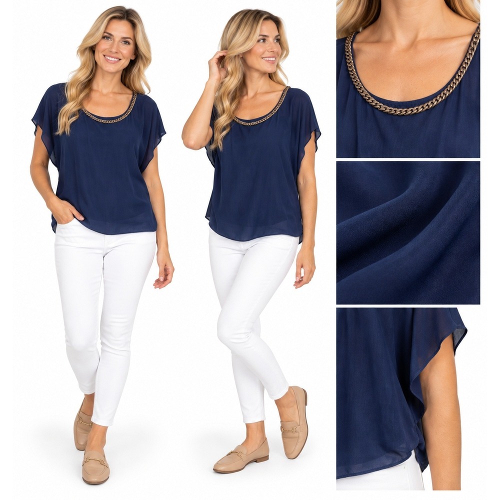 Joie Blouse S Navy Silk Dolman Sleeve Braided Chain Neck Quiet Luxury